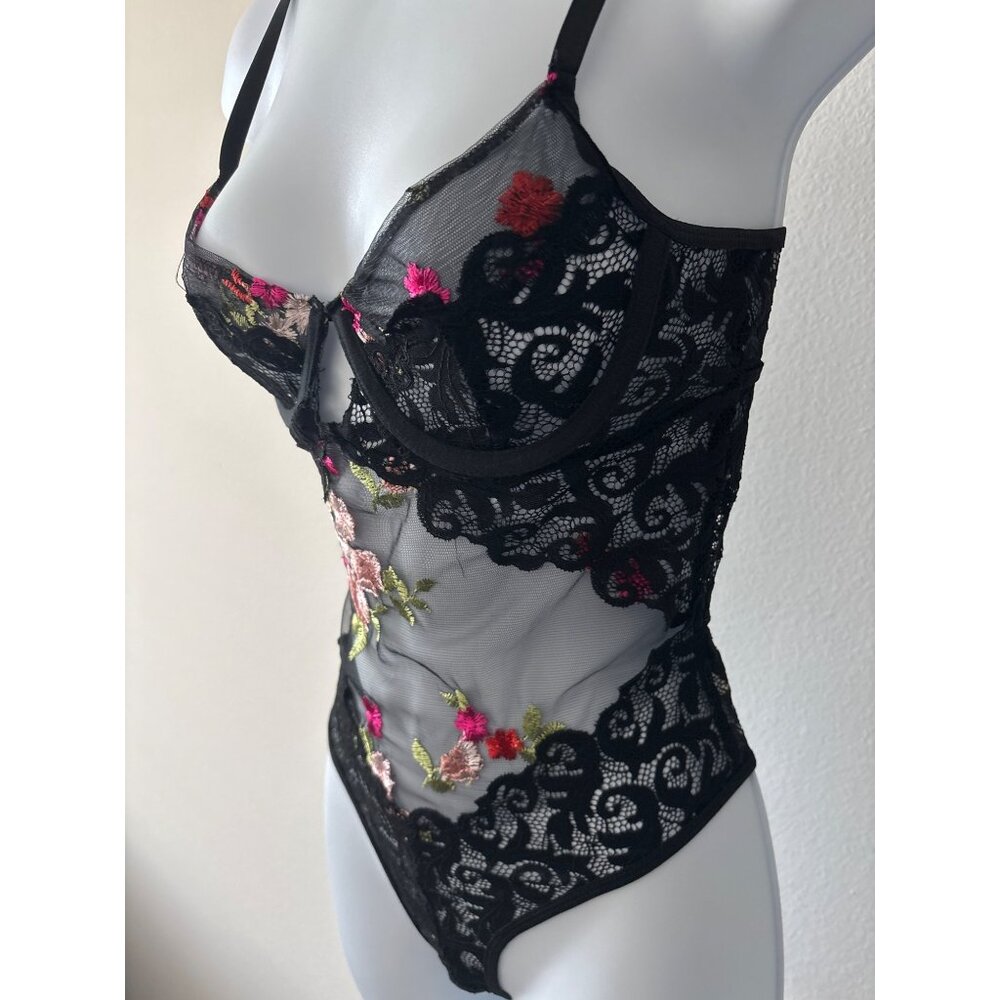 Y2K Bodysuit Small Sheer Lace Floral Embroidered Black Mesh Open Back Lingerie - Picture 11 of 16